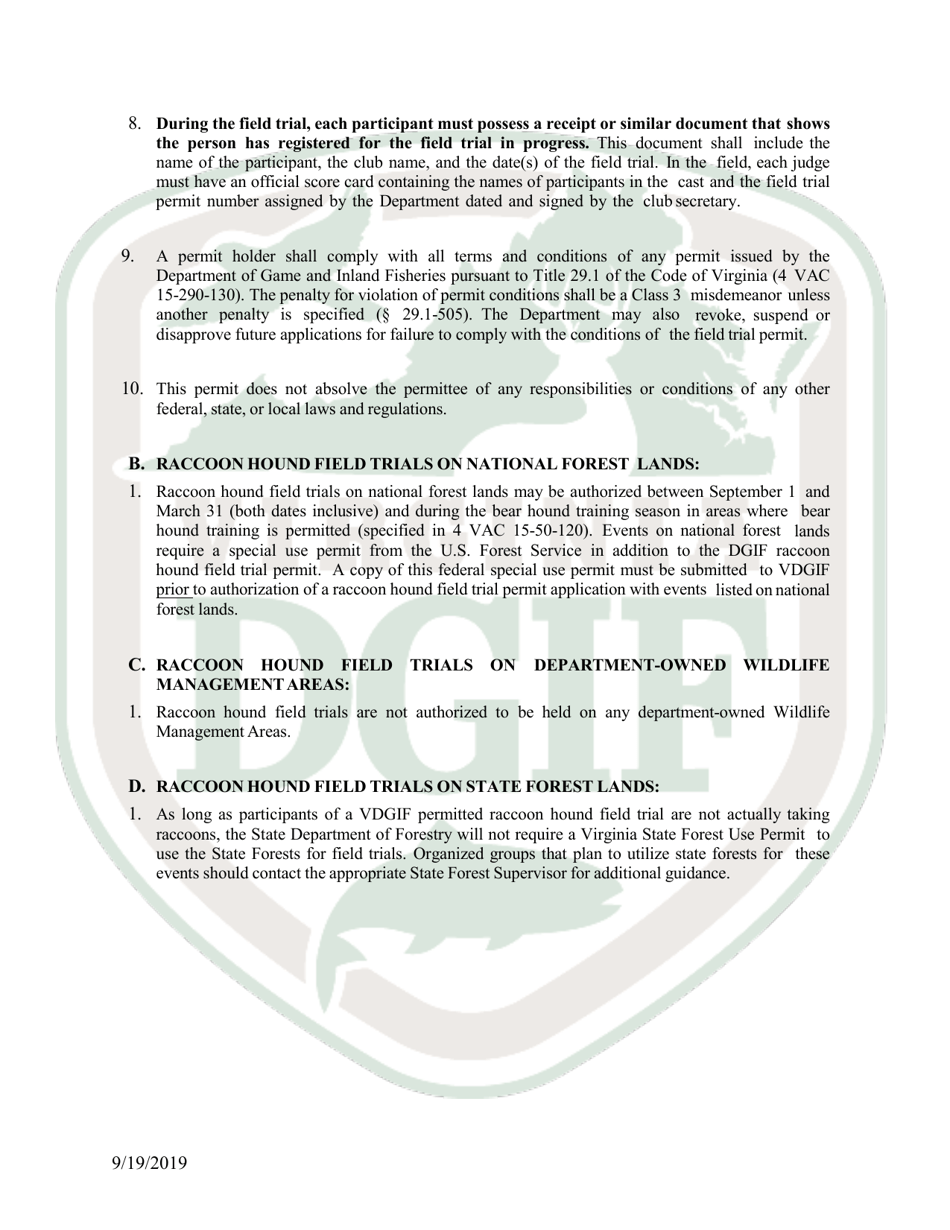 Application for Raccoon Hound Field Trial Permit - Virginia, Page 5