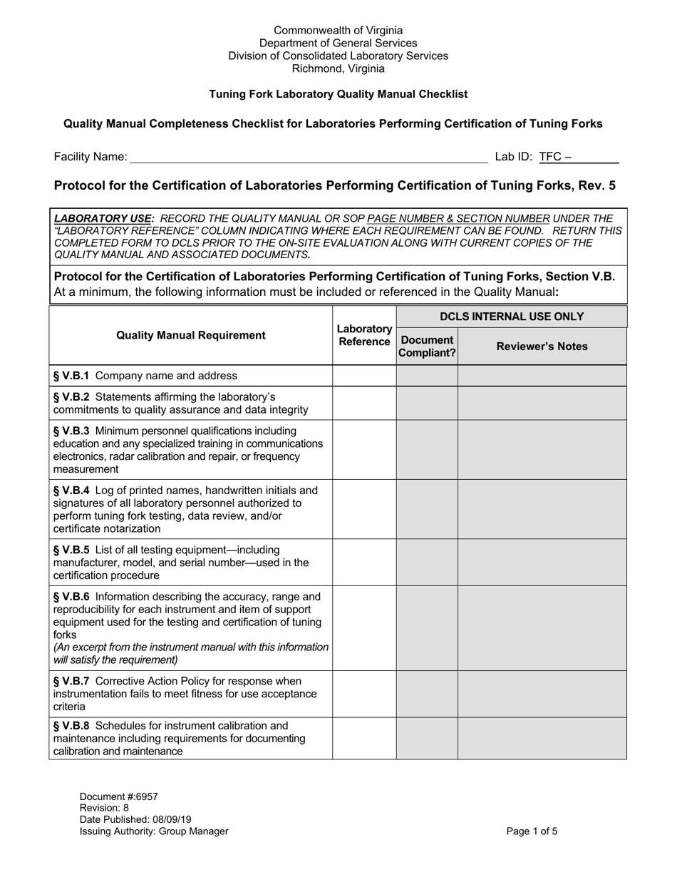 Form 6957 Tuning Fork Laboratory Quality Manual Checklist - Virginia, Page 1