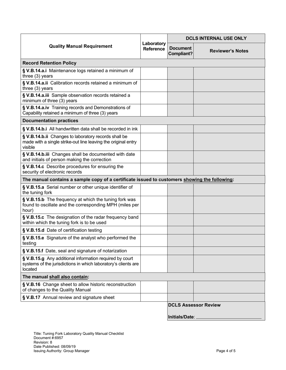 Form 6957 Tuning Fork Laboratory Quality Manual Checklist - Virginia, Page 4