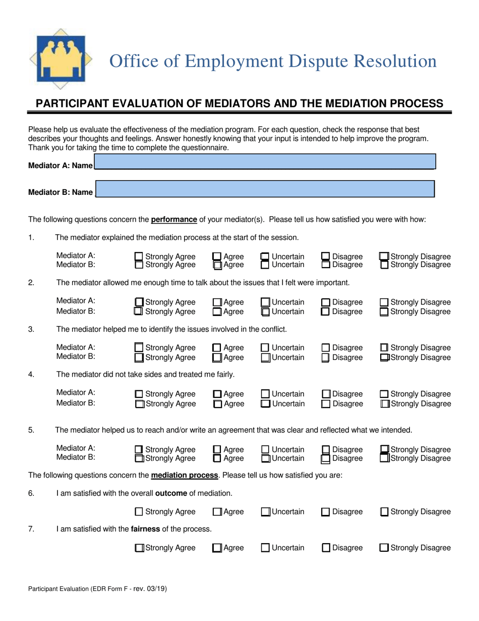 EDR Form F Participant Evaluation of Mediators and the Mediation Process - Virginia, Page 1