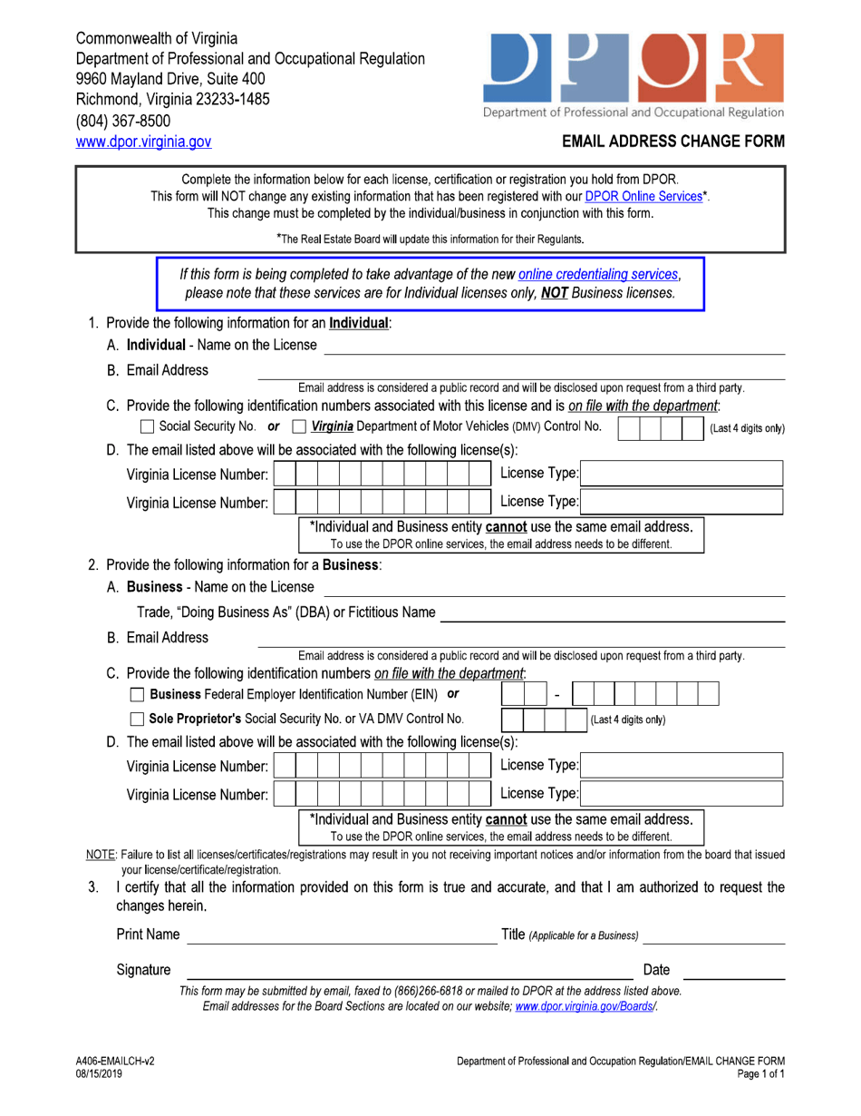 Email Address Change Form - Virginia, Page 1