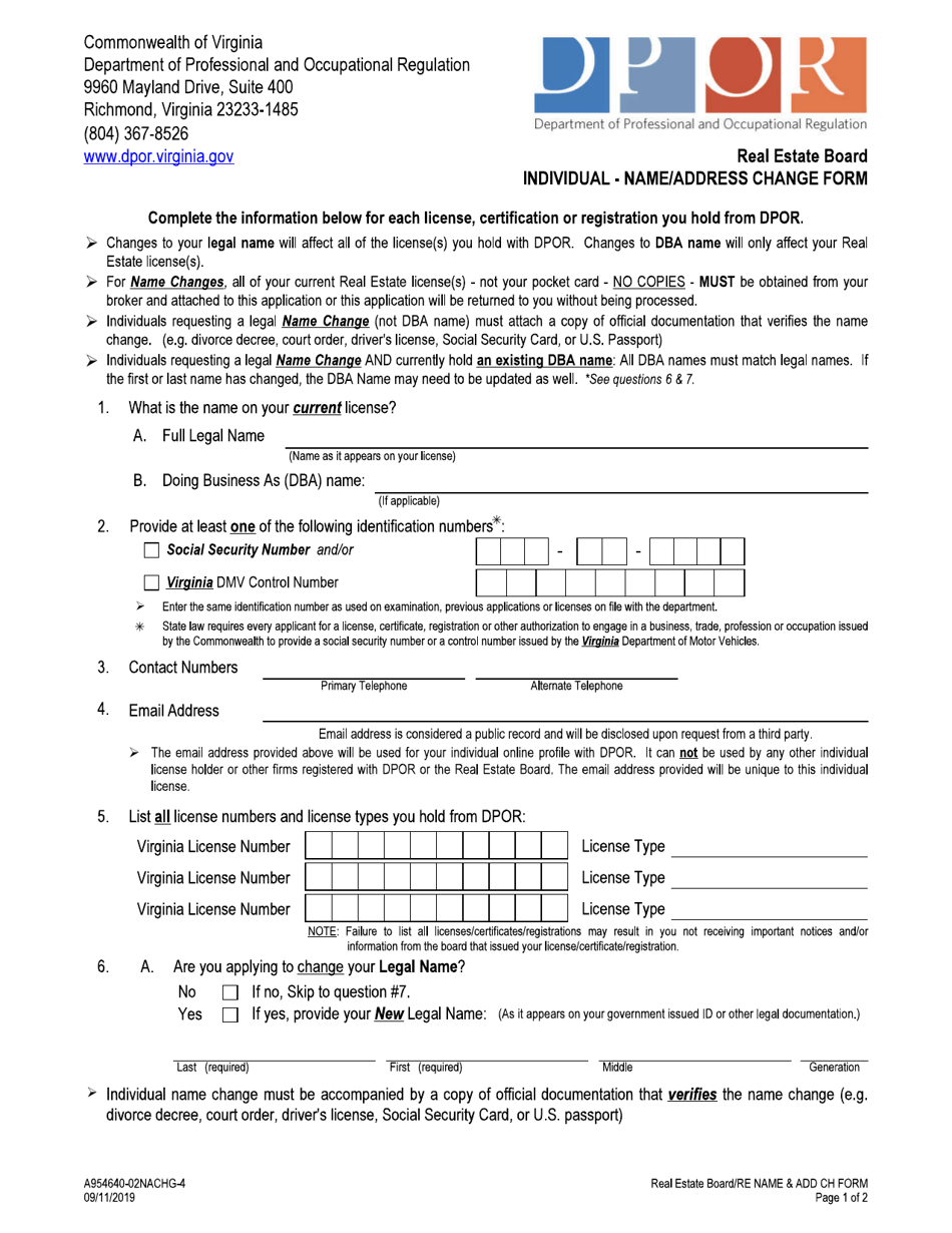 Individual - Name / Address Change Form - Virginia, Page 1