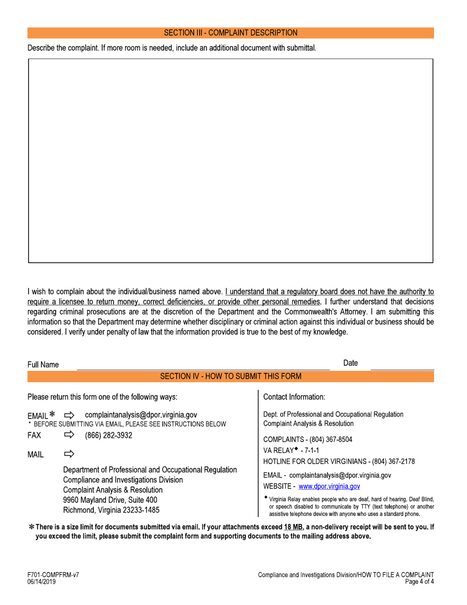 Complaint Form - Virginia, Page 4