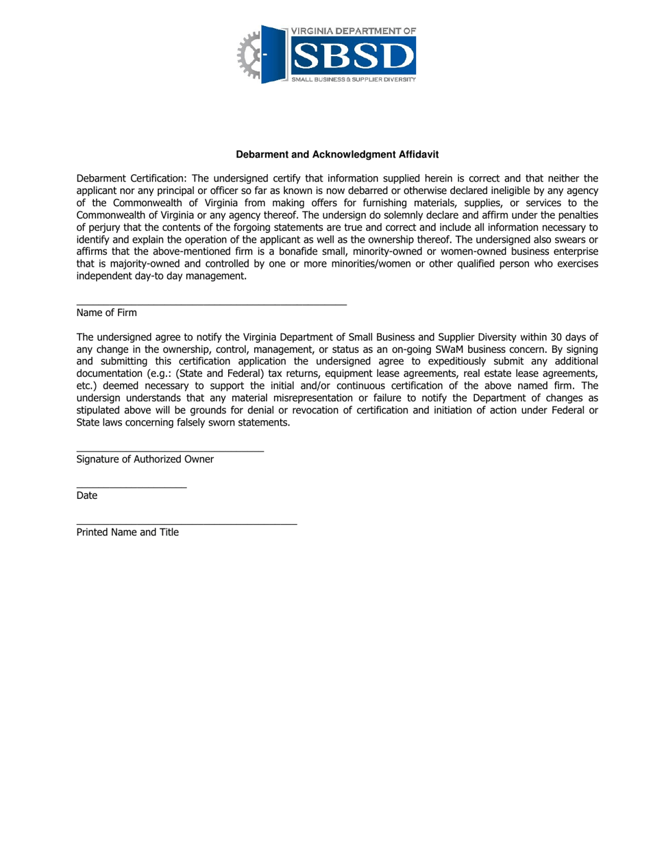 Debarment and Acknowledgment Affidavit - Virginia, Page 1