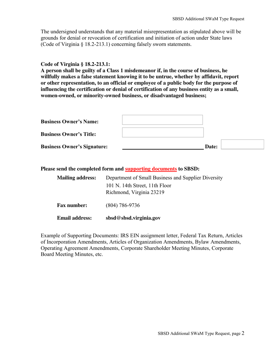 Request for Additional Certified Swam Type - Virginia, Page 2