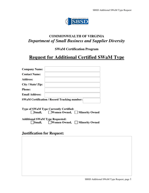 Request for Additional Certified Swam Type - Virginia Download Pdf