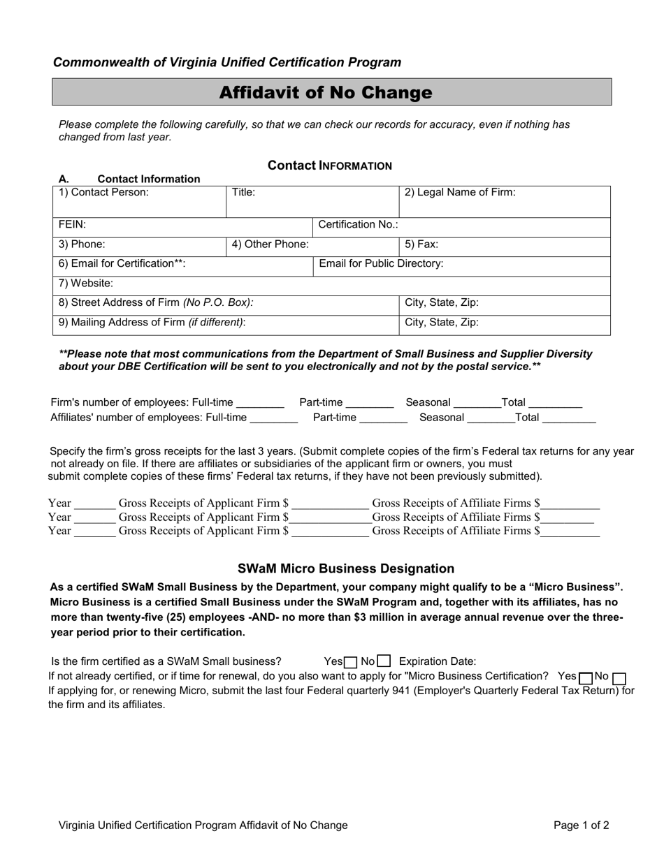 Virginia Unified Certification Program Affidavit of No Change - Virginia, Page 1