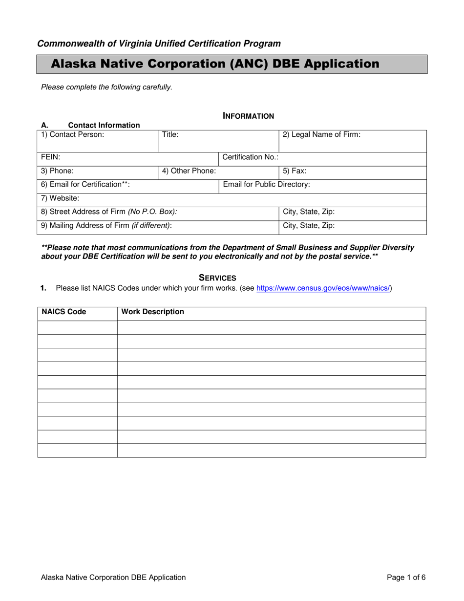 Alaska Native Corporation (Anc) Dbe Application - Virginia, Page 1
