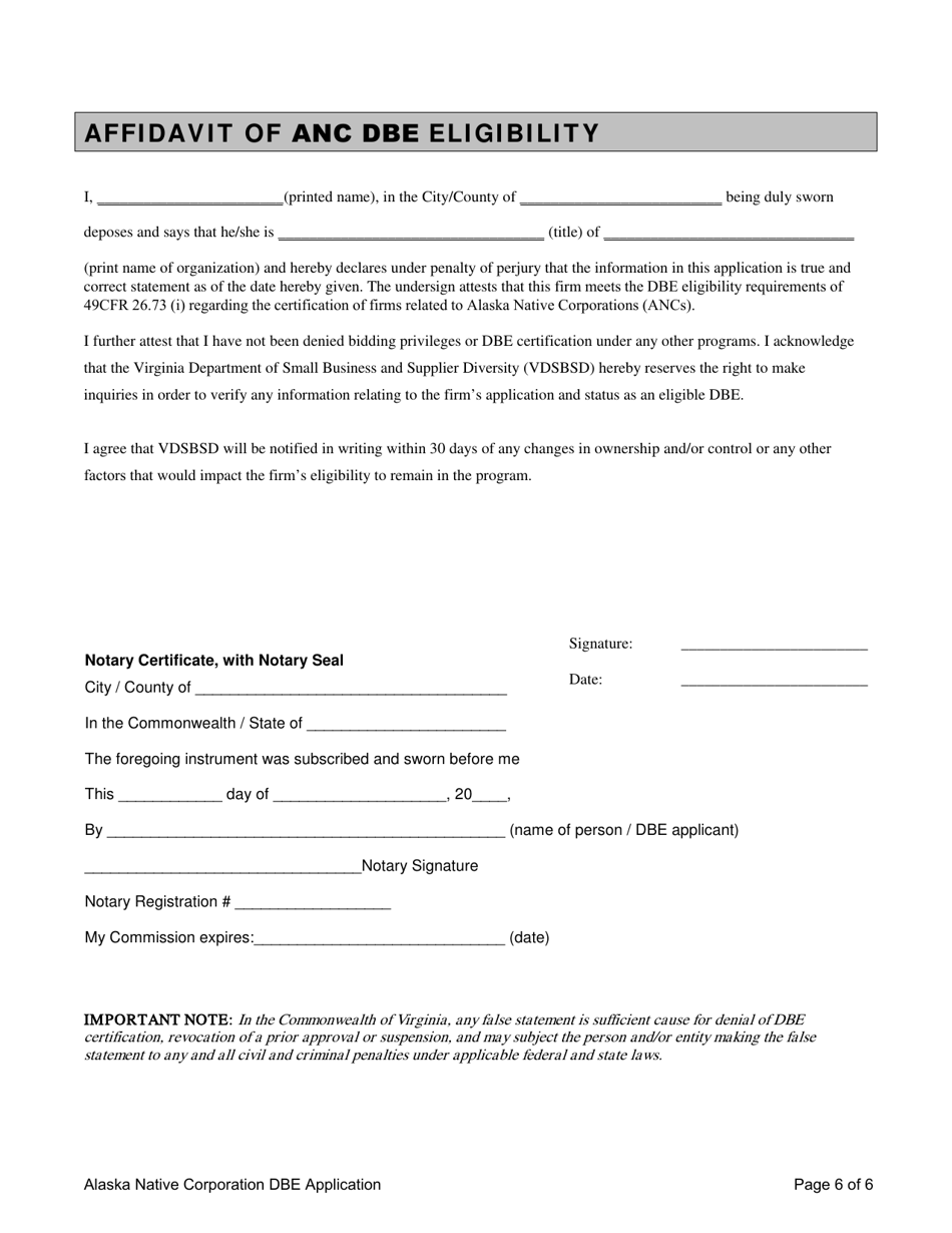 Alaska Native Corporation (Anc) Dbe Application - Virginia, Page 6