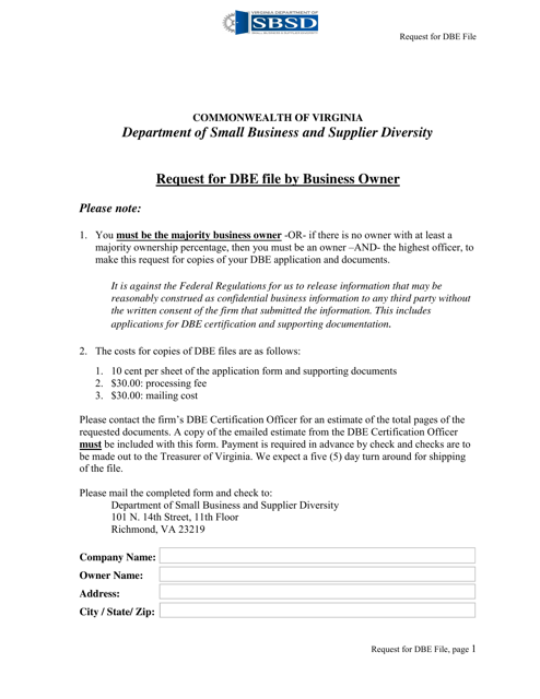 Request for Dbe File by Business Owner - Virginia Download Pdf