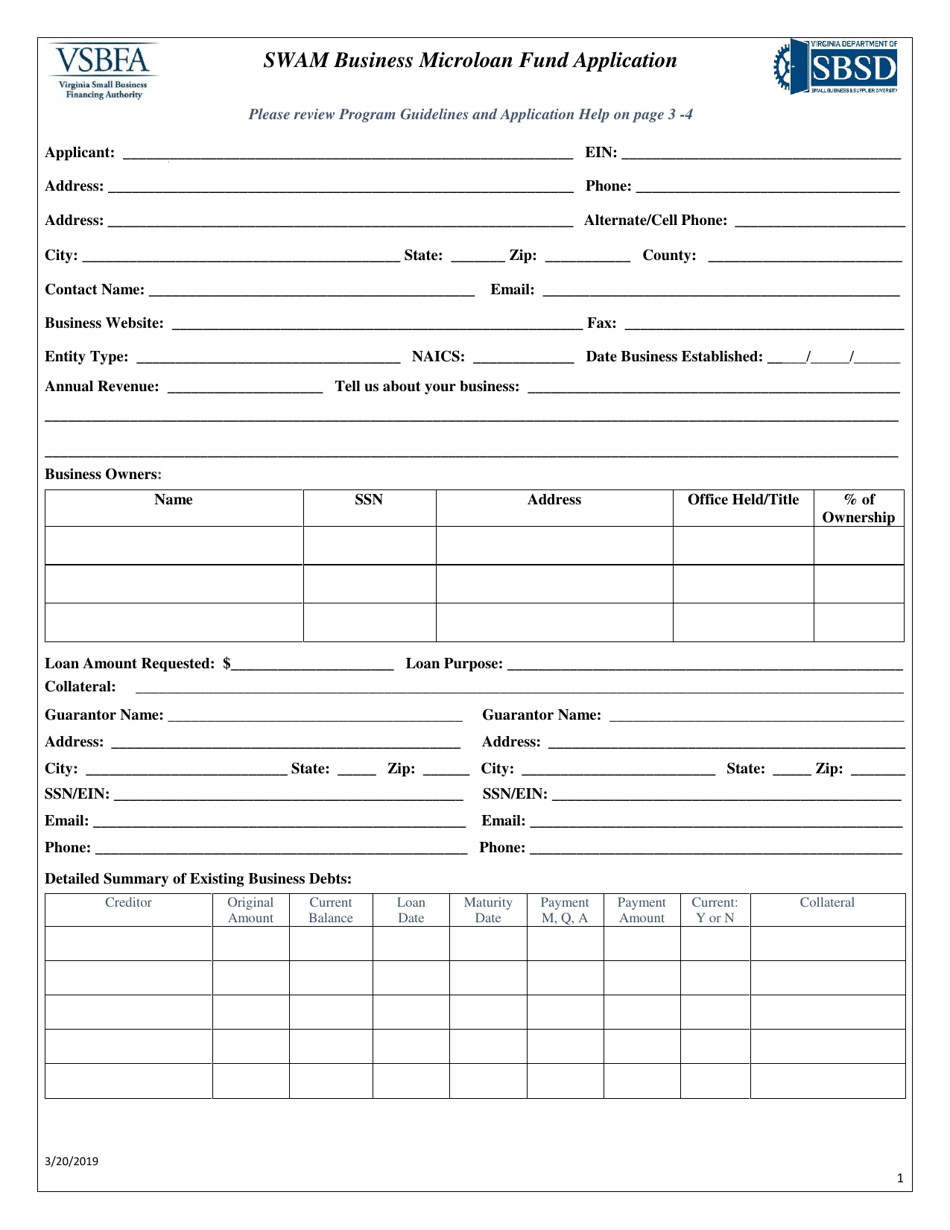 Swam Business Microloan Fund Application - Virginia, Page 1