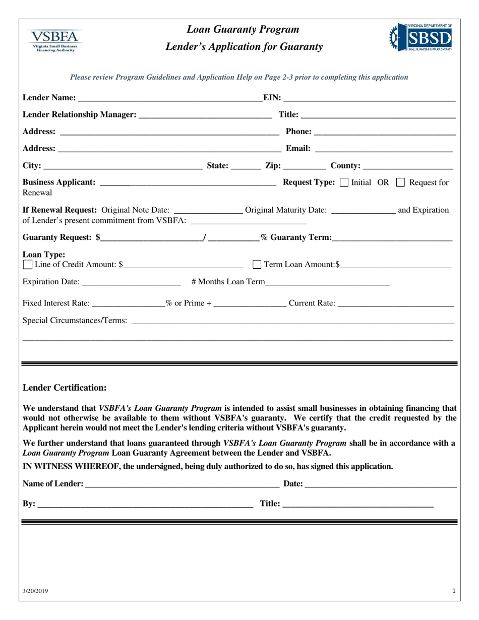 Virginia Loan Guaranty Program Lender's Application for Guaranty Fill