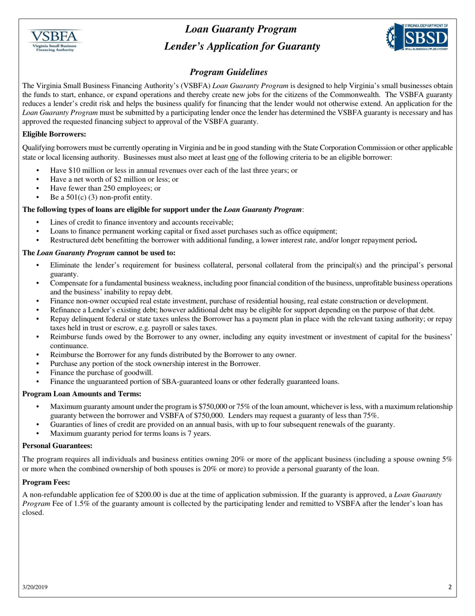 Loan Guaranty Program Lenders Application for Guaranty - Virginia, Page 2