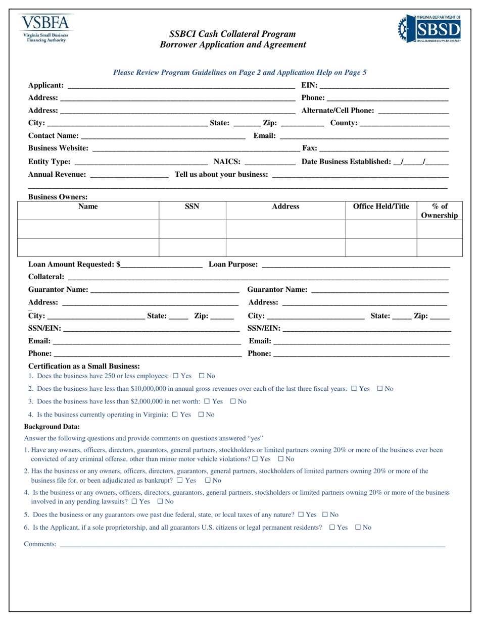 Ssbci Cash Collateral Program Borrower Application and Agreement - Virginia, Page 1
