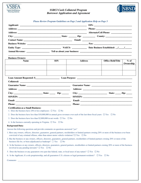 Ssbci Cash Collateral Program Borrower Application and Agreement - Virginia Download Pdf