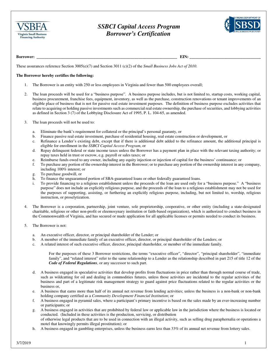 Ssbci Capital Access Program Borrowers Certification - Virginia, Page 1