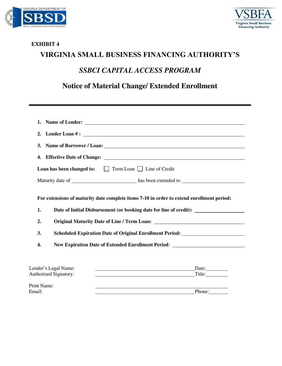 Exhibit 4 Ssbci Capital Access Program Notice of Material Change / Extended Enrollment - Virginia, Page 1