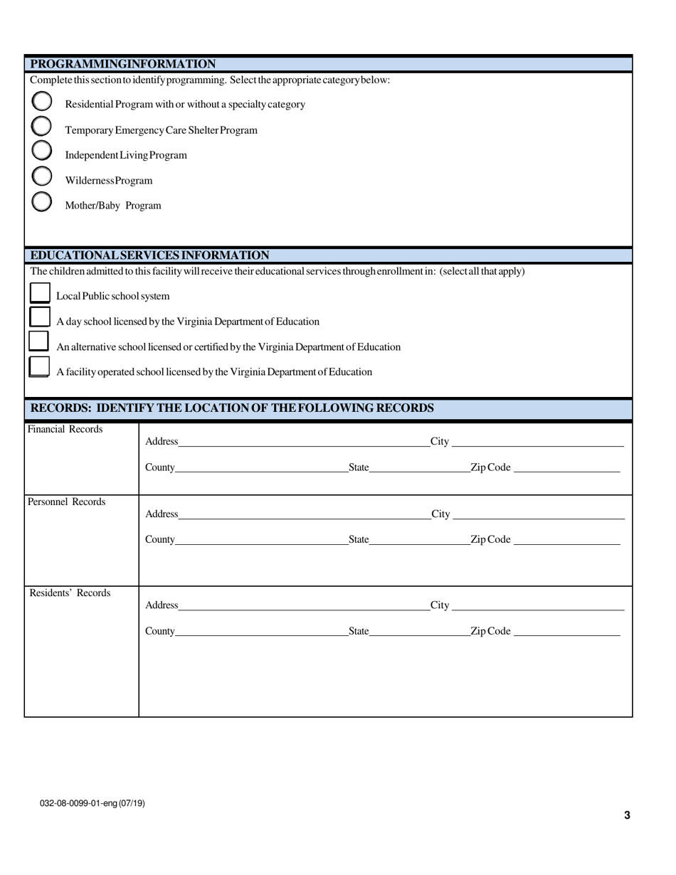 Form 032-08-0099-01 Renewal Application for a License to Operate a Childrens Residential Facility (Crf) - Virginia, Page 3
