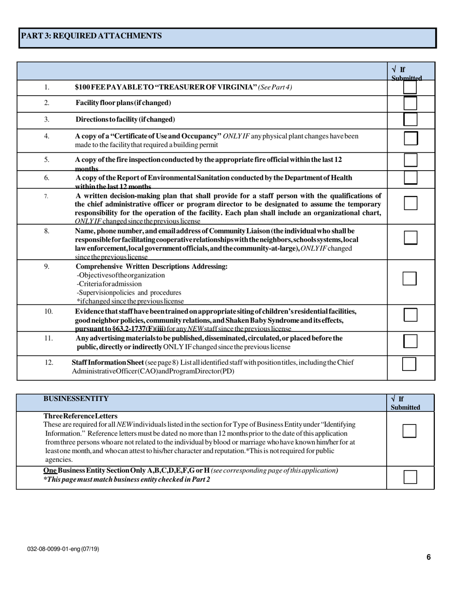 Form 032-08-0099-01 Renewal Application for a License to Operate a Childrens Residential Facility (Crf) - Virginia, Page 6