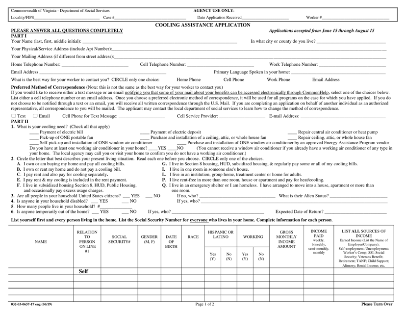 Form 032-03-0657-17 Cooling Assistance Application - Virginia