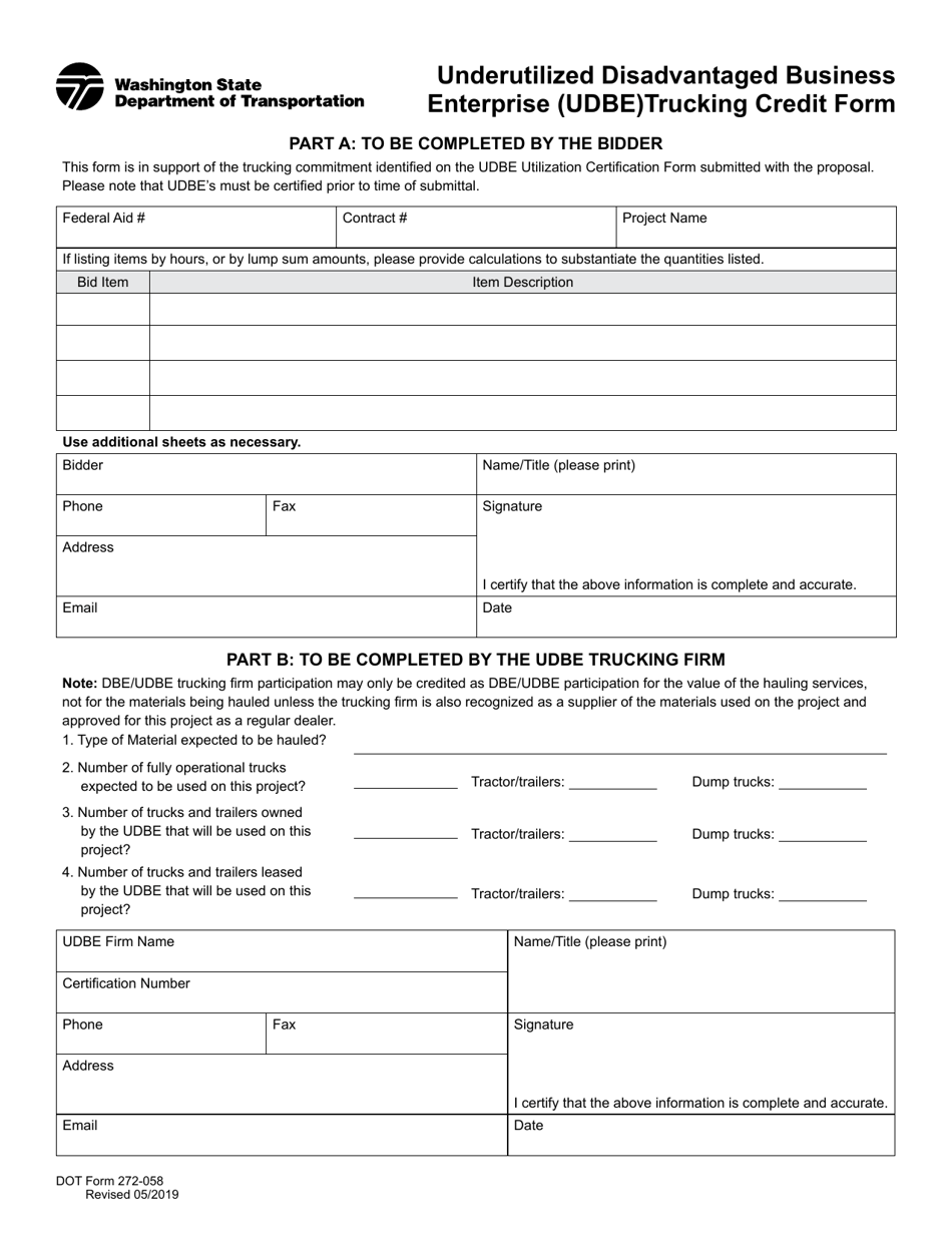 DOT Form 272-058 Underutilized Disadvantaged Business Enterprise (Udbe) Trucking Credit Form - Washington, Page 1