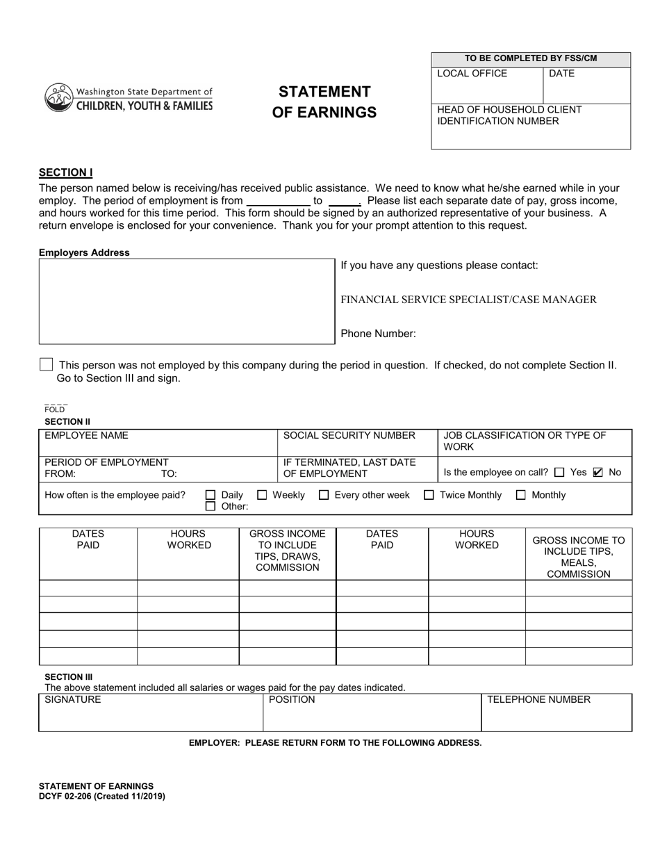DCYF Form 02-206 Statement of Earnings - Washington, Page 1
