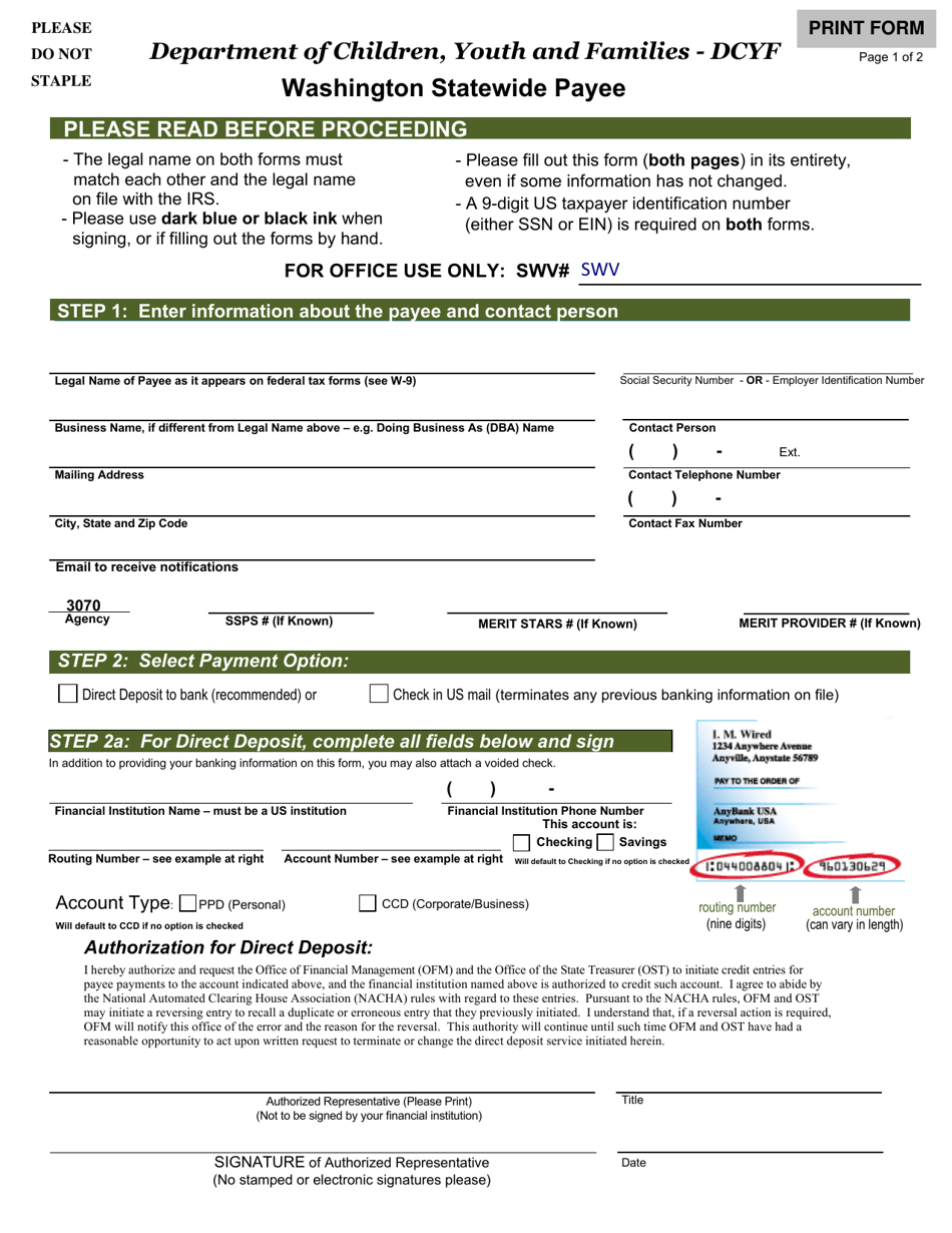 Washington Statewide Payee Form - Washington, Page 1