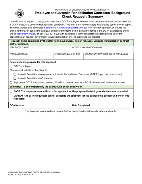 DCYF Form 09-132 Employee and Juvenile Rehabilitation Contractor Background Check Request/Summary - Washington