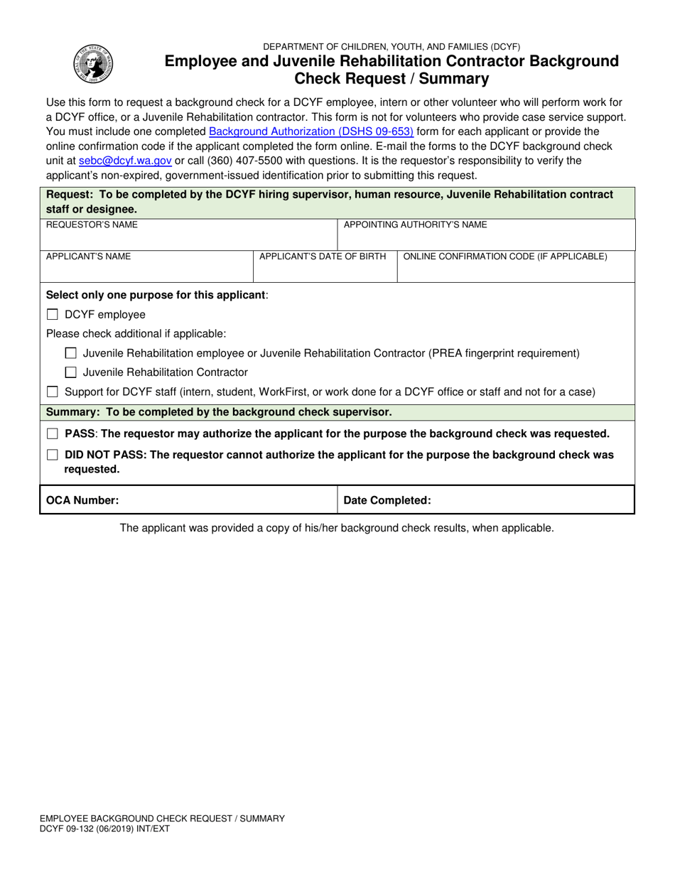 DCYF Form 09-132 Employee and Juvenile Rehabilitation Contractor Background Check Request / Summary - Washington, Page 1