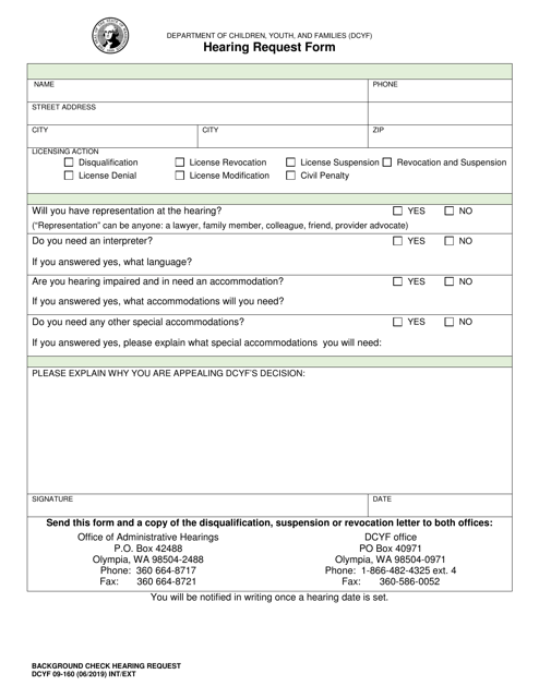 DCYF Form 09-160 Hearing Request Form - Washington