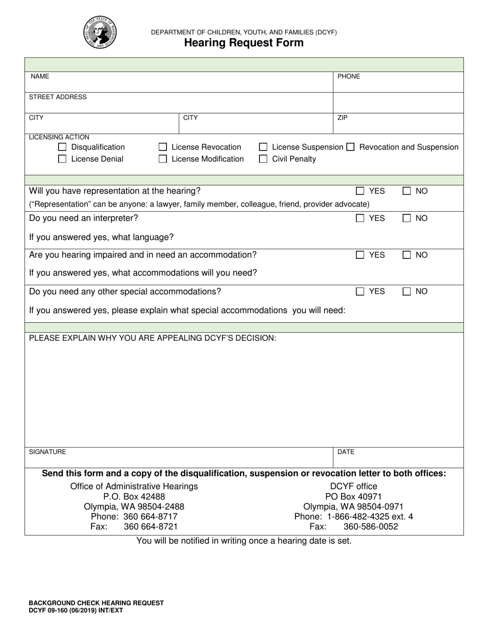 DCYF Form 09-160 Hearing Request Form - Washington, Page 1