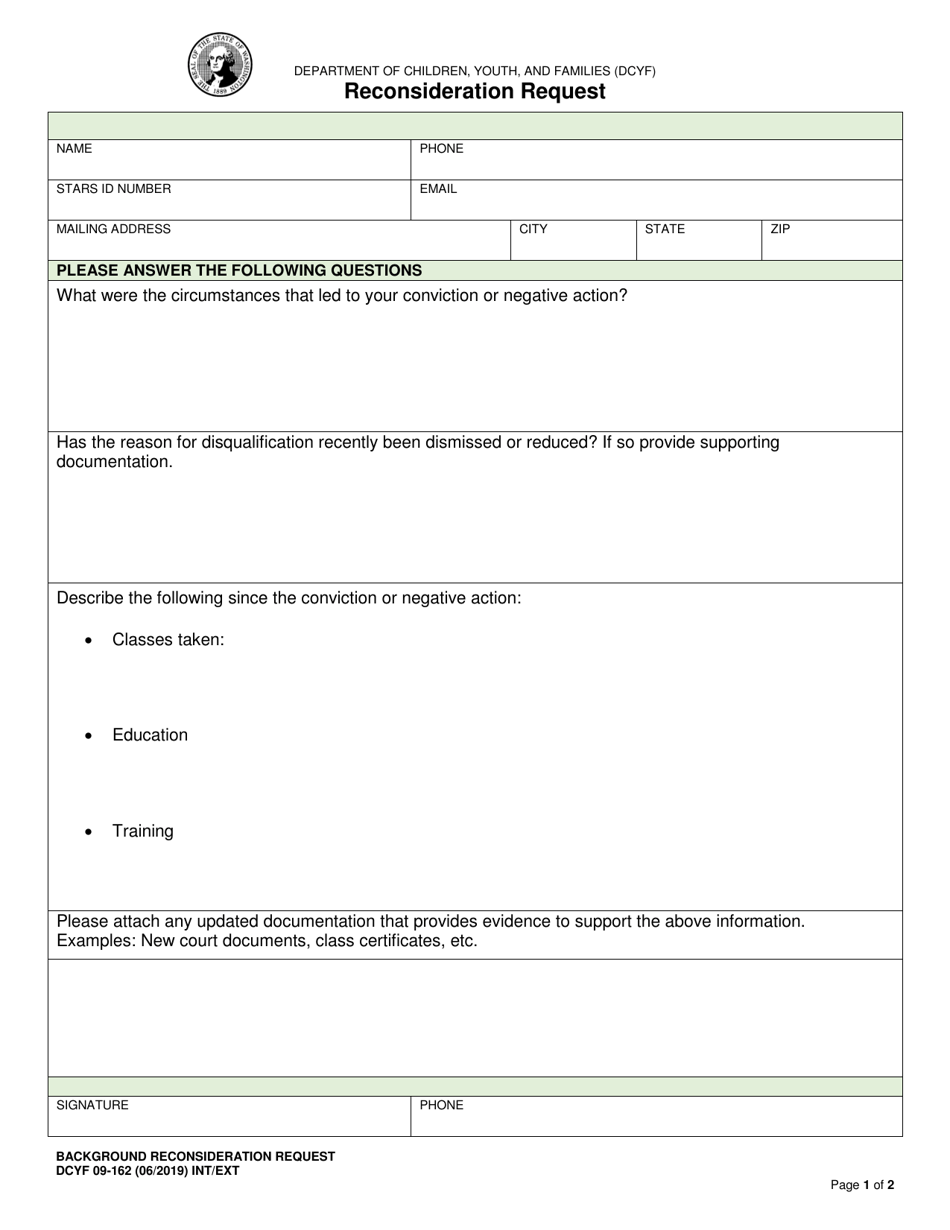 DCYF Form 09-162 Reconsideration Request - Washington, Page 1