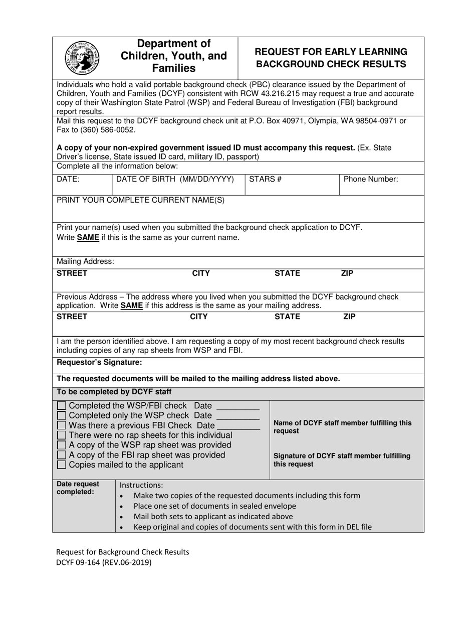 DCYF Form 09-164 Request for Early Learning Background Check Results - Washington, Page 1