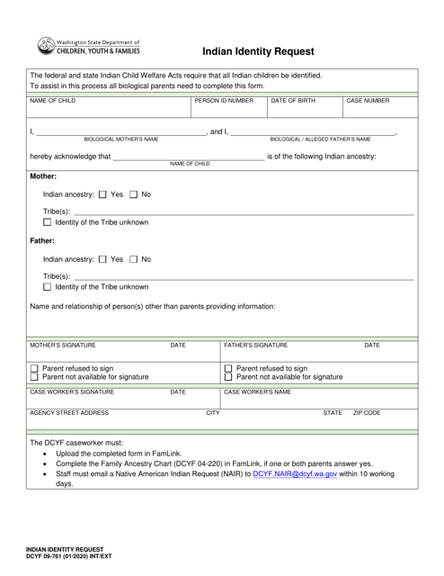 DCYF Form 09-761 Indian Identity Request - Washington