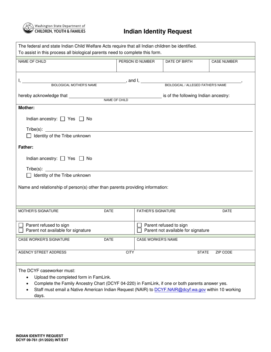 DCYF Form 09-761 Indian Identity Request - Washington, Page 1