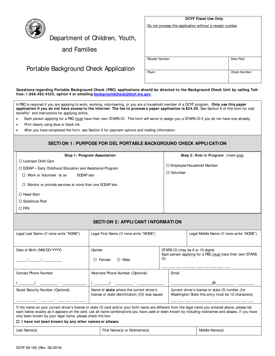 DCYF Form 09-165 Portable Background Check Application - Washington, Page 1
