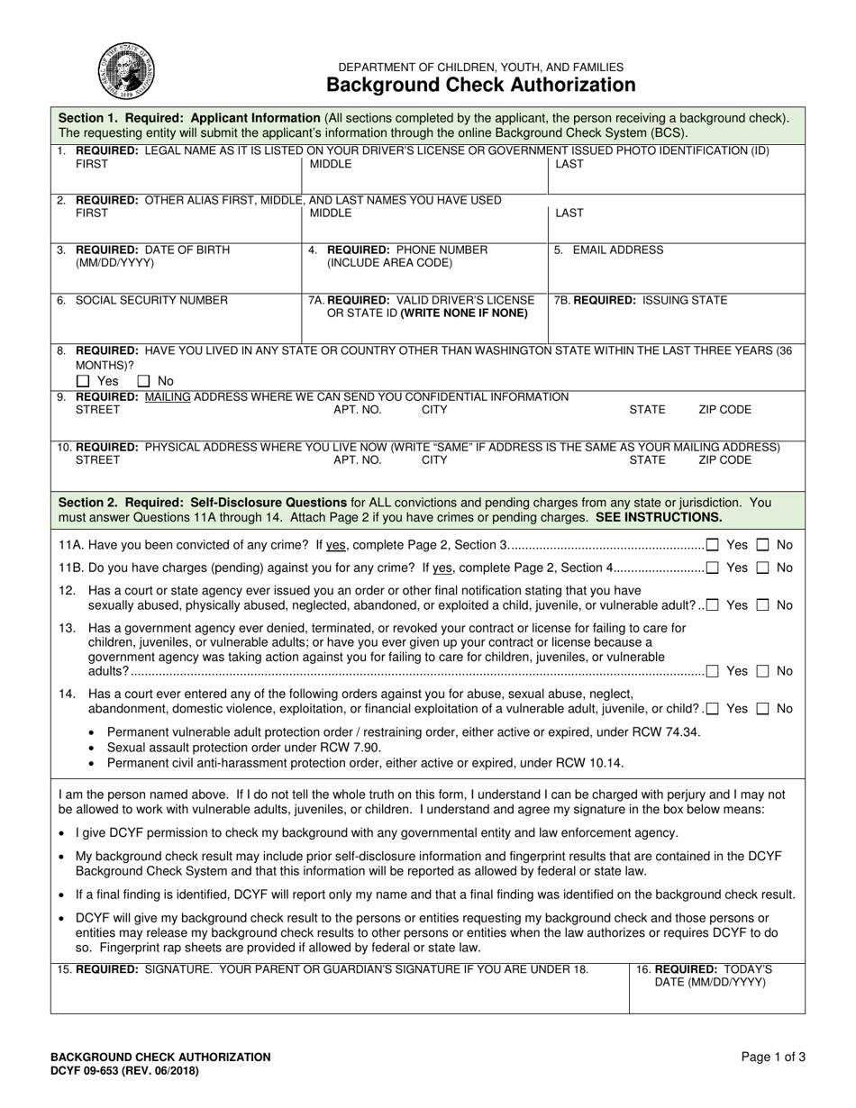 DCYF Form 09-653 Background Check Authorization - Washington, Page 1