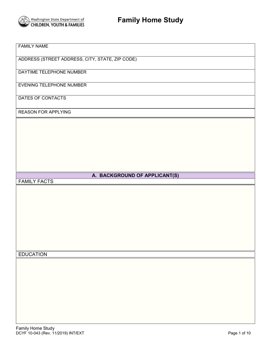 DCYF Form 10-043 Family Home Study - Washington, Page 1
