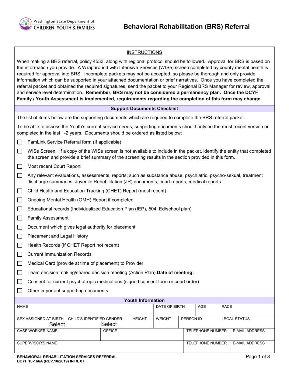 DCYF Form 10-166A Behavioral Rehabilitation Services (Brs) Referral - Washington, Page 1