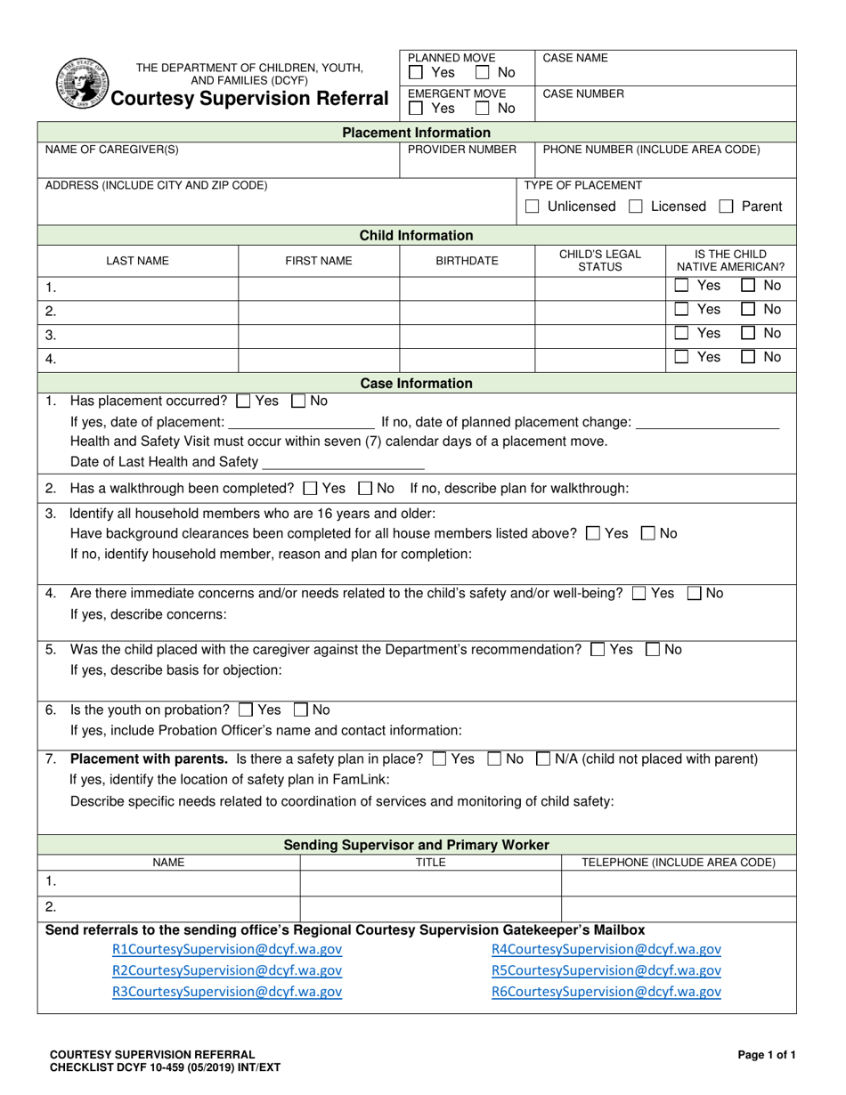 DCYF Form 10-459 Courtesy Supervision Referral - Washington, Page 1
