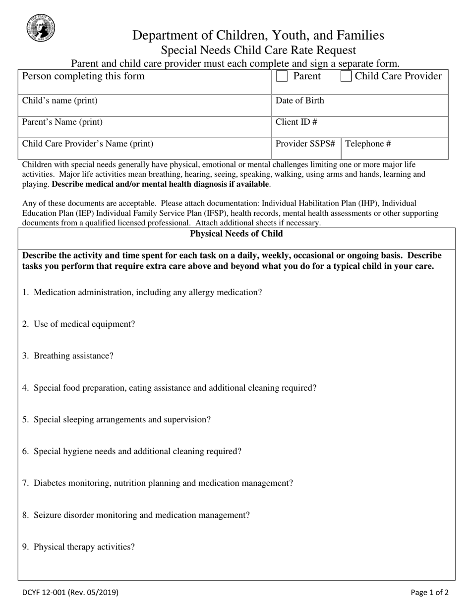 DCYF Form 12-001 Special Needs Child Care Rate Request - Washington, Page 1