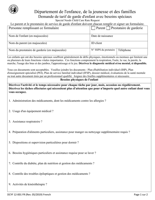DCYF Form 12-001 Special Needs Child Care Rate Request - Washington (French)