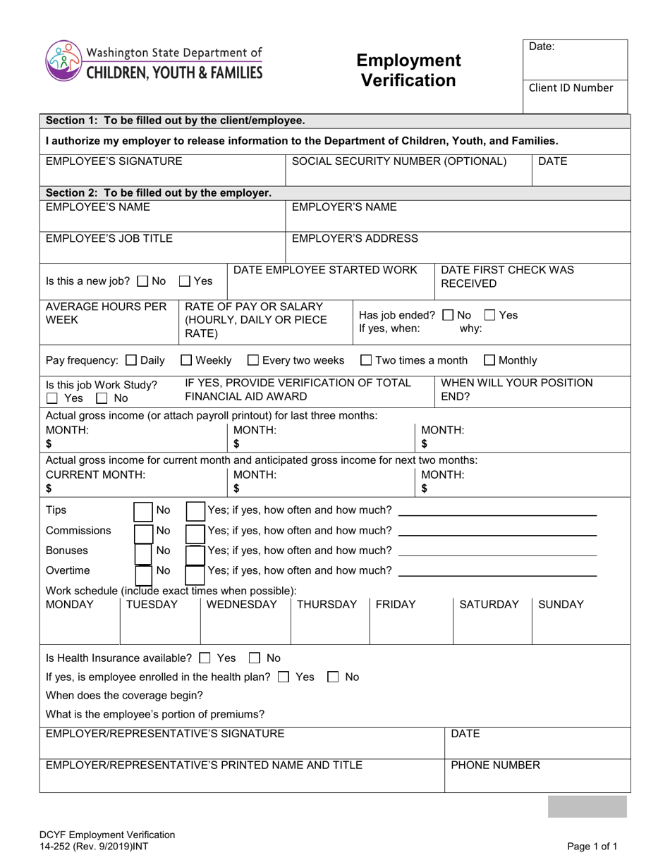 DCYF Form 14-252 Employment Verification - Washington, Page 1