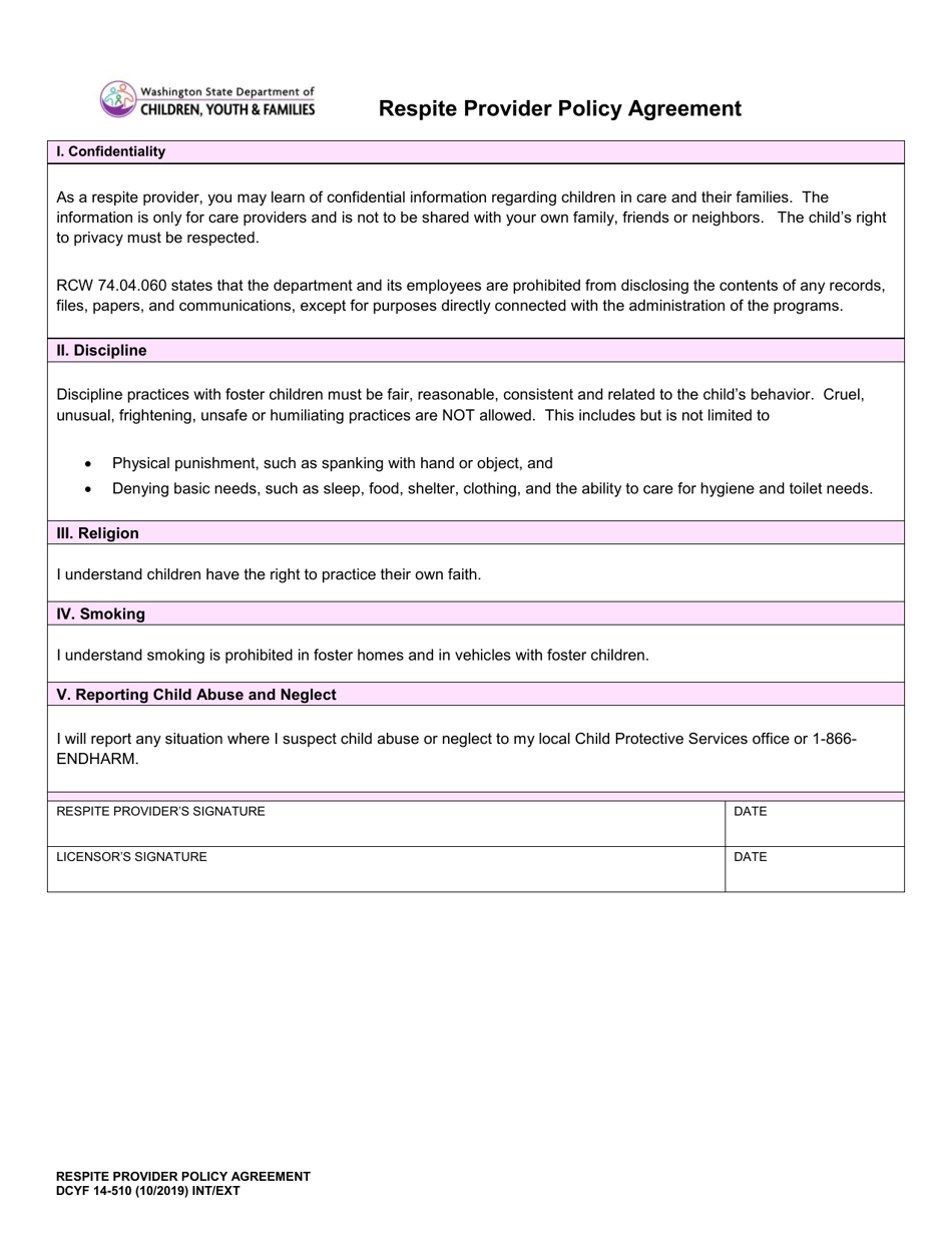 DCYF Form 14-510 Respite Provider Policy Agreement - Washington, Page 1