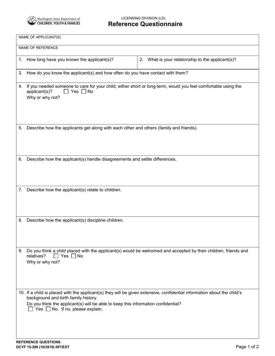 DCYF Form 15-286 Reference Questionnaire - Washington, Page 1