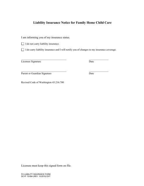DCYF Form 15-894 Liability Insurance Notice for Family Home Child Care - Washington