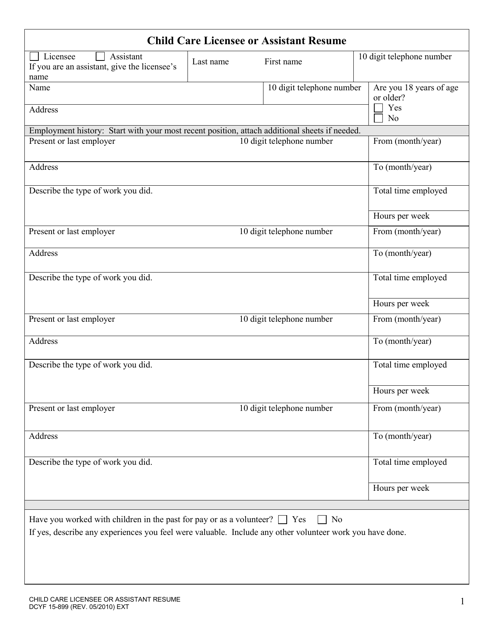 DCYF Form 15-899 Child Care Licensee or Assistant Resume - Washington