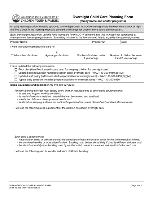 DCYF Form 15-895 Overnight Child Care Planning Form (Family Home and Center Programs) - Washington