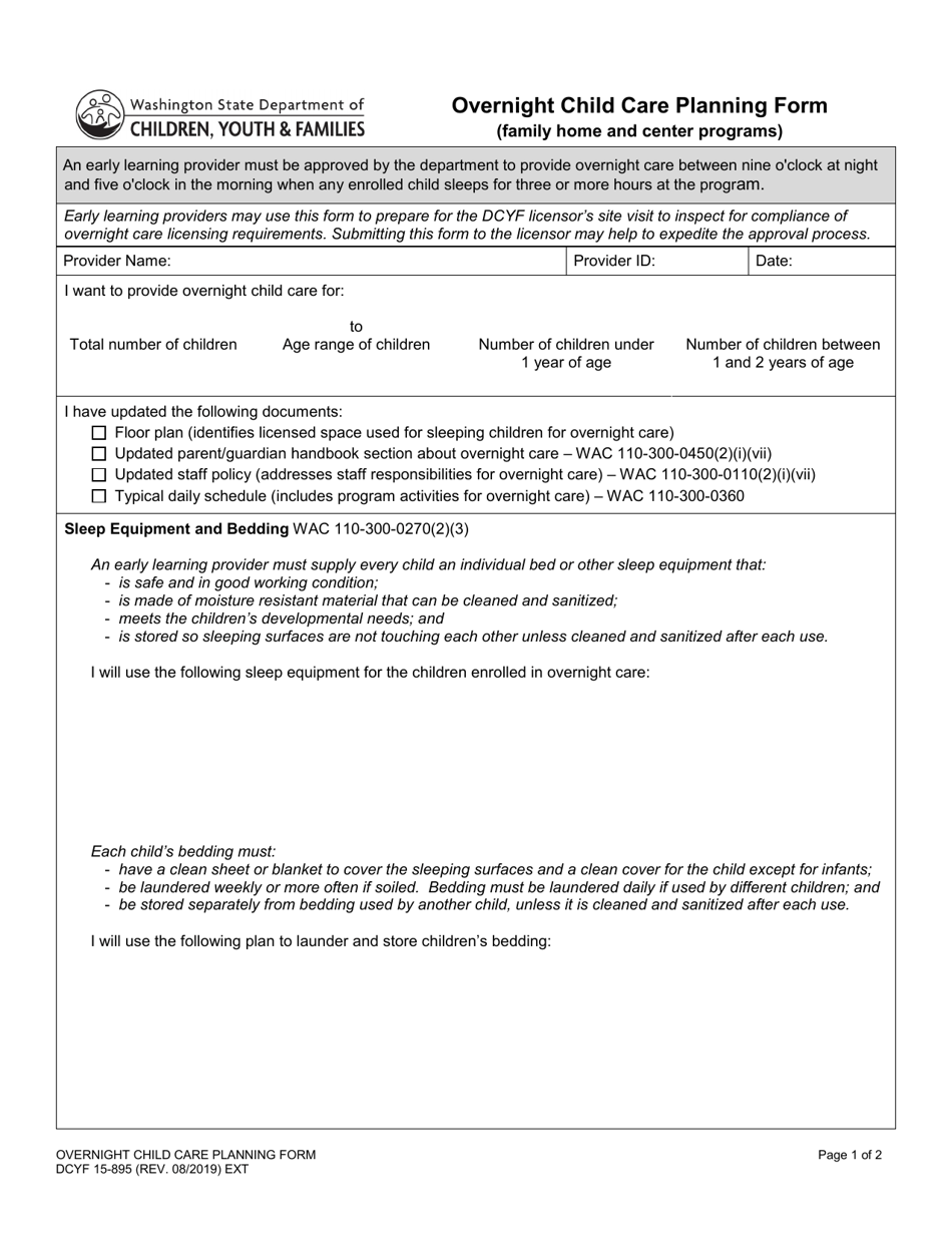 DCYF Form 15-895 Overnight Child Care Planning Form (Family Home and Center Programs) - Washington, Page 1