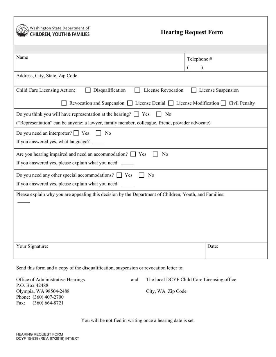 DCYF Form 15-939 Hearing Request Form - Washington, Page 1